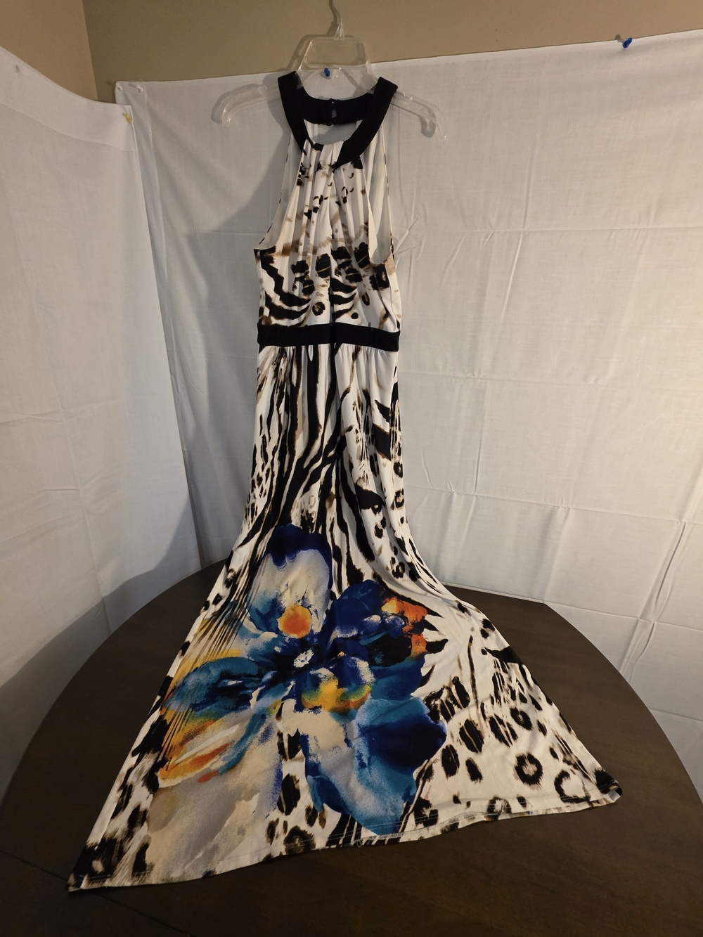 Bisou Bisou White Maxi Dress with Blue Floral & Black Animal Print